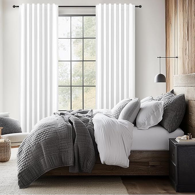 100% Blackout Curtains 92 Inch Long for Living Room 2 Panels Set, Room Darkening Energy Saving Curtain Window Coverings Elegant Flax Linen Hook Belt Pleated Drapes Aesthetic Bedroom(W50"xL92",White)