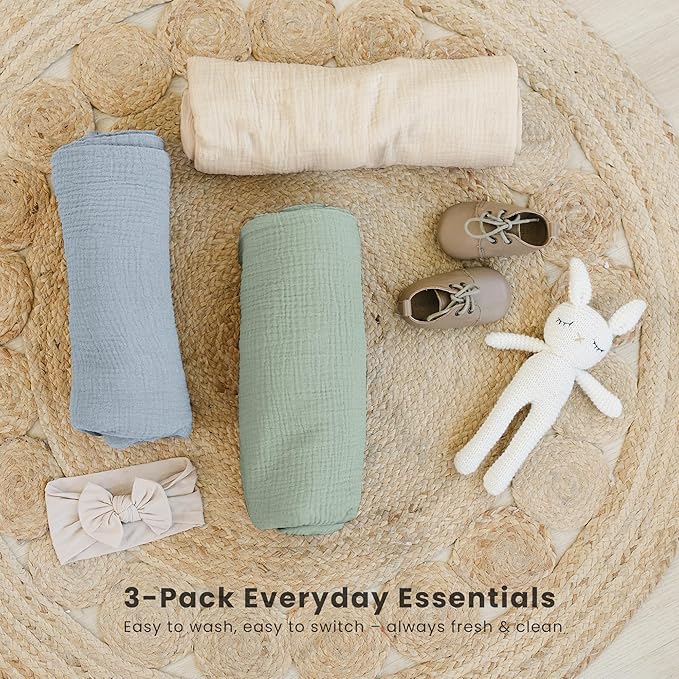 Konssy 3 Pack Muslin Swaddle Blankets for Unisex, Newborn Receiving Blanket, Large 47 x 47 inches, Soft Breathable Muslin Baby Swaddles for Boys & Girls