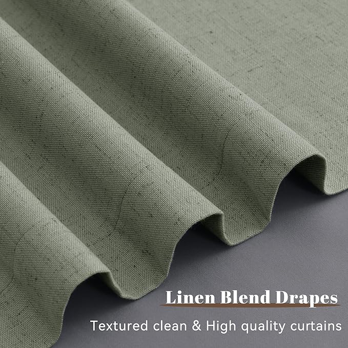 Sage Green Linen 100% Blackout Curtains 108 Inches Long Back Tab Hook Belt Farmhouse Textured Privacy Soundproof Drapes Patio Curtain for Sliding Door Living Room Sage 2 Panels Set 52x108