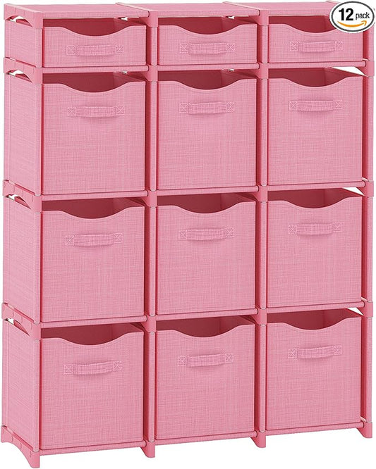 12 Cube Closet Organizers And Storage | Includes All Storage Cube Bins | Easy To Assemble Closet Storage Unit With Drawers | Room Organizer For Clothes, Baby Closet Bedroom, Playroom, Dorm (Pink)