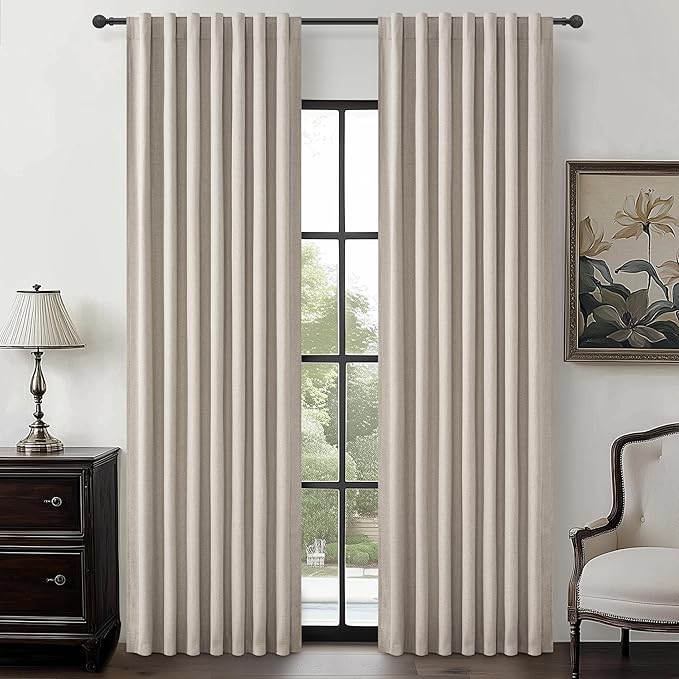 Grey Flax Natural Linen 90 Inch Curtains for Bedroom, Aesthetic Blackout Pleated Burlap Burg Heat Blocking Sound Dampening Windows Burg with Rod Pocket Dining Room Curtain 90 Inches Length 2 Panel Set