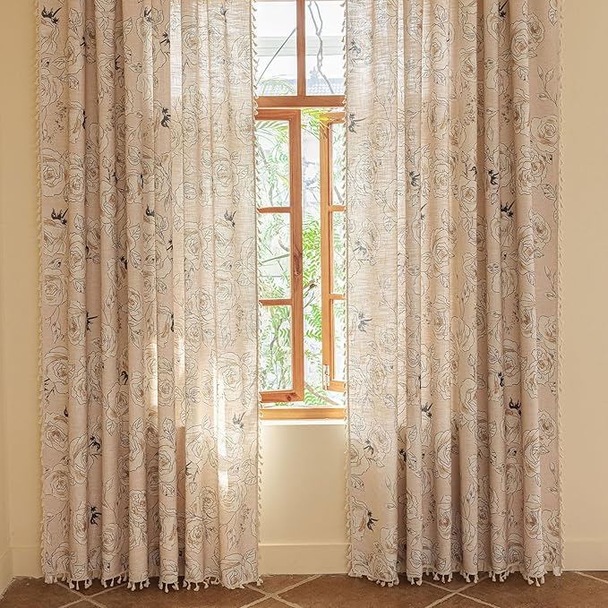 OYX Boho Floral Semi-Blackout Curtains for Bedroom, 2 Panels 52x63 Inches, Grey Rose Vintage Country Pattern with Tassels, Rod Pocket Design, Farmhouse Window Treatments