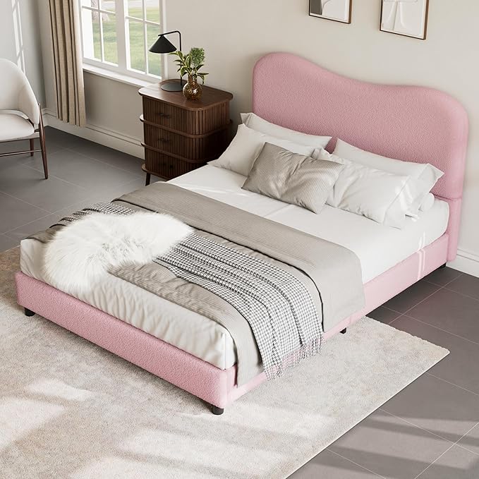 Senfot Pink Boucle Bed Frame with Upholstered Headboard, Soft Low Profile Sturdy Platform Bed with Rounded Corners Design, Heavy Duty, Wooden Slats, Noise Free, No Box Spring Needed, Queen Size