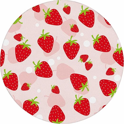4Ft Strawberry Round Rug Kwaii Pink Circle Rugs for Bedroom Dorm Living Room Cute Area Rug Floor Mat Pad Doormat Carpet, 4'X4'(120x120cm)
