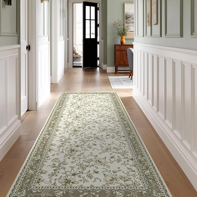 Beige Tan Neutral Boho Washable 3x8 Extra Long Hallway Runner Rug, Extra Large Kitchen Floor Rug Indoor Entryway Non-Slip Low Pile Machine Washable, Farmhouse Light Taupe Pattern Floral Design