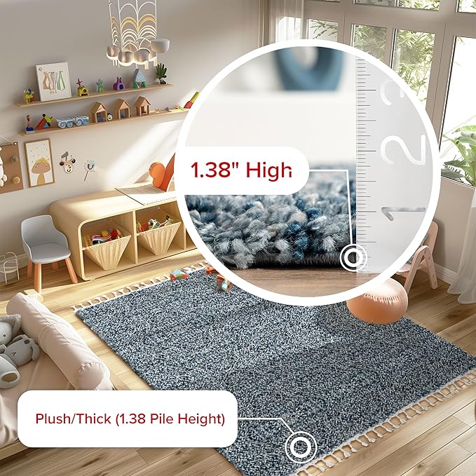 nuLOOM Brooke Shag Tasseled Area Rug - 2x6 Runner Shag Rug Casual Blue/Ivory Rugs for Living Room Bedroom Dining Room Nursery Entryway Hallway