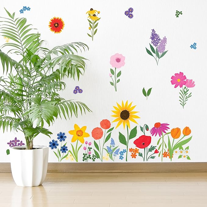 Wildflower Wall Decals - Set of 33 Vinyl Flower Room Decor Peel and Stick Removable Floral Stickers for Nursery Bedroom Bathroom