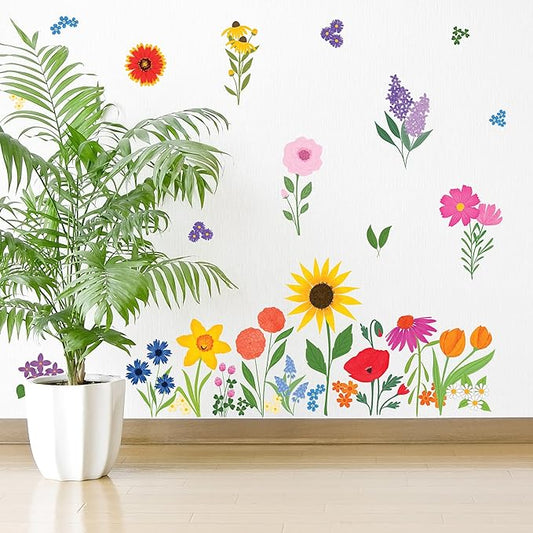 Wildflower Wall Decals - Set of 33 Vinyl Flower Room Decor Peel and Stick Removable Floral Stickers for Nursery Bedroom Bathroom