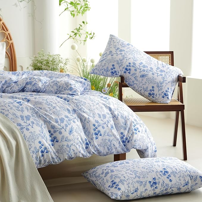 Floral Duvet Cover Full Size White Blue Flower Bedding Set 3Pcs Spring Cottagecore Garden Botanical Reversible Comforter Cover with Zipper Closure and 2 Pillowcases