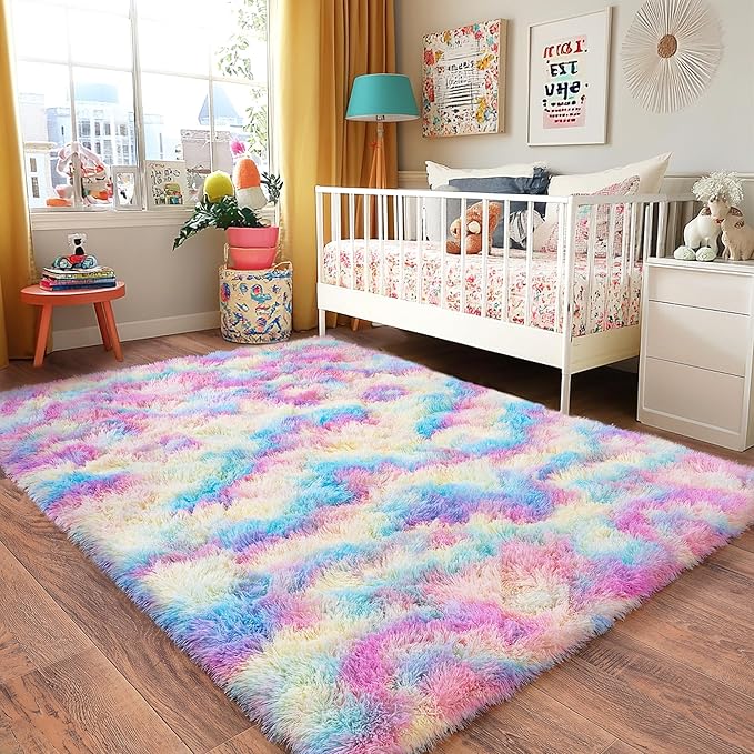 Rainbow Rug for Living Room, 9x12 Area Rug for Cute Girls Room, Bedside Indoor Floor Fluffy Shag Carpet, Plush Soft Rug for Bedroom Nursery Dorm Home Decor