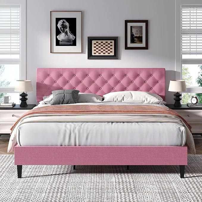 BarnFurin King Size Platform Bed Frame, Fabric Upholstered Bed with Button Tufted Headboard, Adjustable Headboard Design, Easy Assembly, No Box Spring Required, Pink