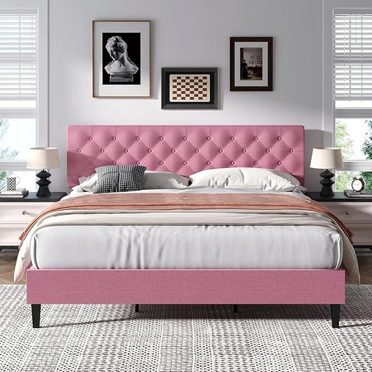 BarnFurin King Size Platform Bed Frame, Fabric Upholstered Bed with Button Tufted Headboard, Adjustable Headboard Design, Easy Assembly, No Box Spring Required, Pink
