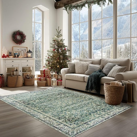 Dark Emerald Green Area Rugs 8x10 for Living Room,Washable Faux Wool Moody Floral Boho Vintage Oriental Indoor Large Carpet for Bedroom Under Bed Dining Room Under Table