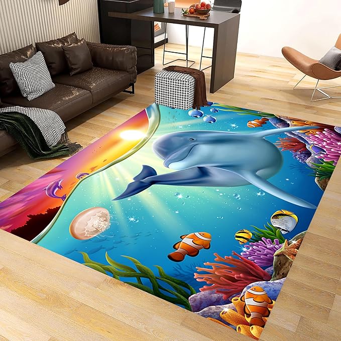 Blue Dolphin Area Rug for Bedroom, 5x6ft, Undersea Ocean Animal Print Indoor Carpet, Beach Tropical Fish Home Decor Playing Mat, Low Pile Breathable Non Shedding Rugs for Kids Room