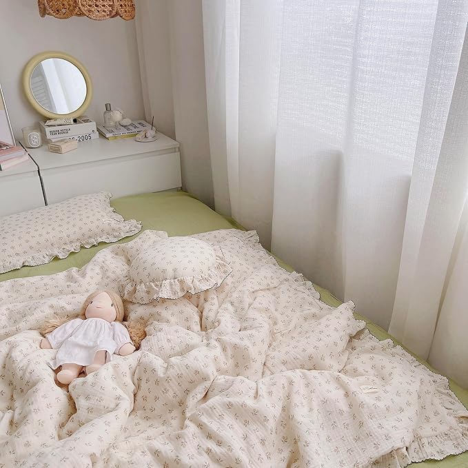 AOJIM Baby Muslin Duvet Cover with Floral Patterns, 1pc Pure Cotton Kids Bedding Comforter Cover 2-Layer Gauze 47X59'', Ruffled Design Baby Duvet Protector for Girls Boys, No Quilt or Pillowcases