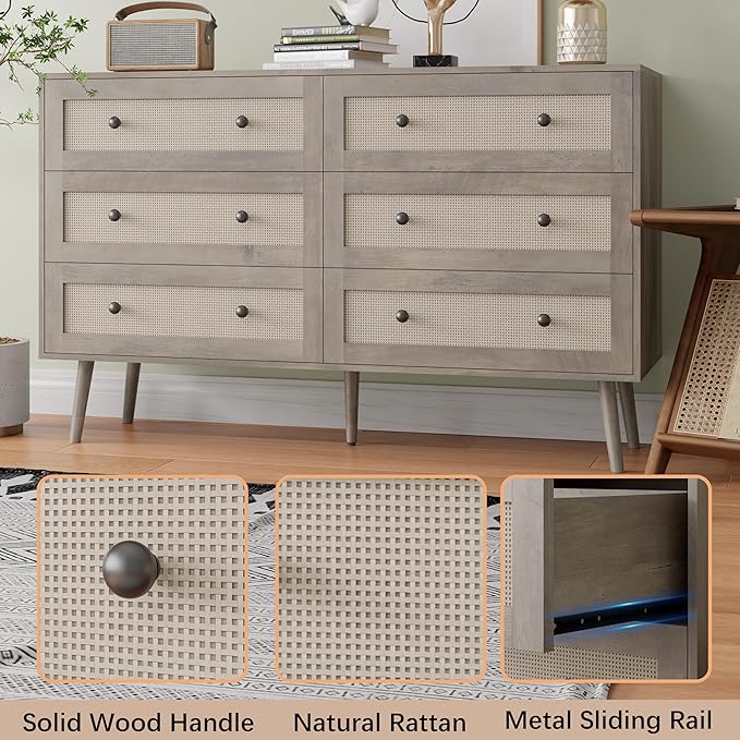 6 Drawer Dresser for Bedroom, 47.3" Rattan Chest of Drawers with Wooden Knobs, Natural Wood Dresser for Closet TV Stand Storage Organizer for Bedroom, Hallway, Office, Grey