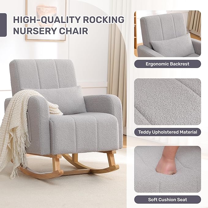 Rocking Chair with Ottoman, Nursing Glider Rocker with High Backrest and Side Pocket, Comfy Reading Chair with Solid Wood Legs for Nursery/Living Room/Bedroom Light Grey