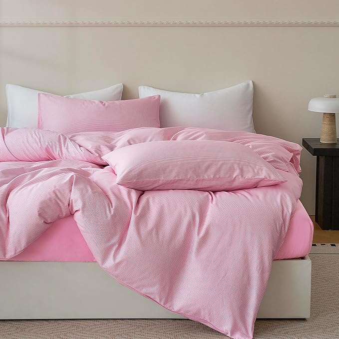 JELLYMONI 100% Natural Cotton 3pcs Striped Duvet Cover Sets,White with Pink Stripes Pattern Printed Comforter Cover,with Zipper Closure & Corner Ties(King Size)