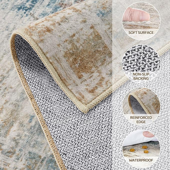 Area Rug for Living Room: 8x10 Washable Neutral Abstract Modern Soft Rugs Non Slip Indoor Floor Stain Resistant Large Carpet for Bedroom Dining Room Office Nursery - Blue Brown
