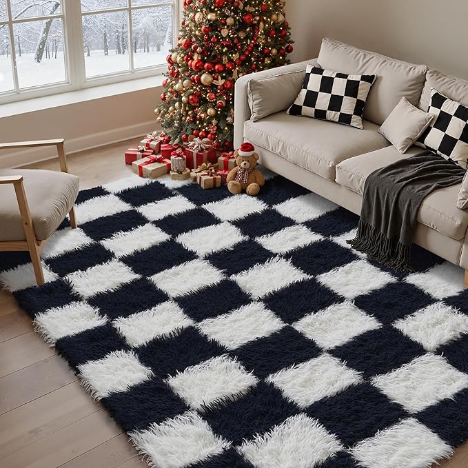 Checkered Rug 5x8 for Living Room, Black and White Modern Shag Rug Super Soft Washable Indoor Fuzzy Carpet Non-Slip Fluffy Rugs for Bedroom Home Aesthetic Decor
