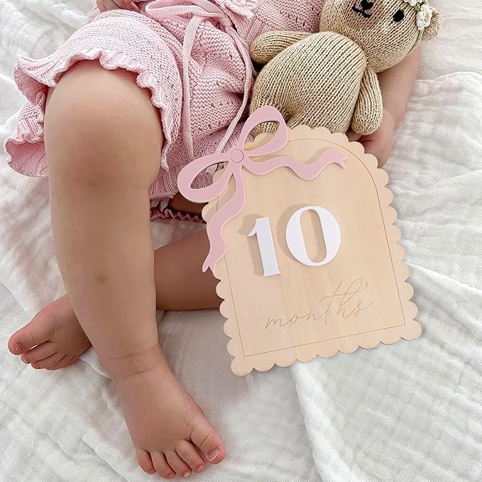 2 Pcs Baby Monthly Milestone Cards - Wooden Photo Props for Newborn, First Year Keepsake (0-12 Months) - New Mom Present, Boy Girl Announcement Sign (Pink Bow)