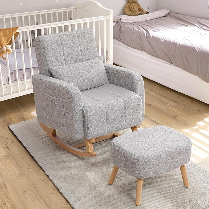 Rocking Chair with Ottoman, Nursing Glider Rocker with High Backrest and Side Pocket, Comfy Reading Chair with Solid Wood Legs for Nursery/Living Room/Bedroom Light Grey