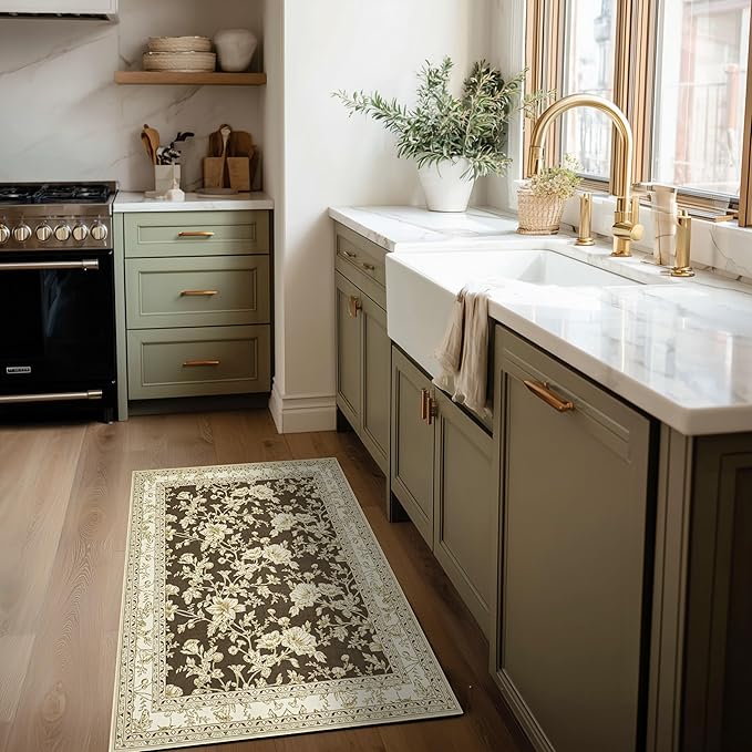 Brown Floral Print Area Rugs for Bedroom Living Room Boho Farmhouse Country Rustic Dining Room Carpet Soft Washable Rugs Non Slip Floor Covering for Nursery Playroom 2x3