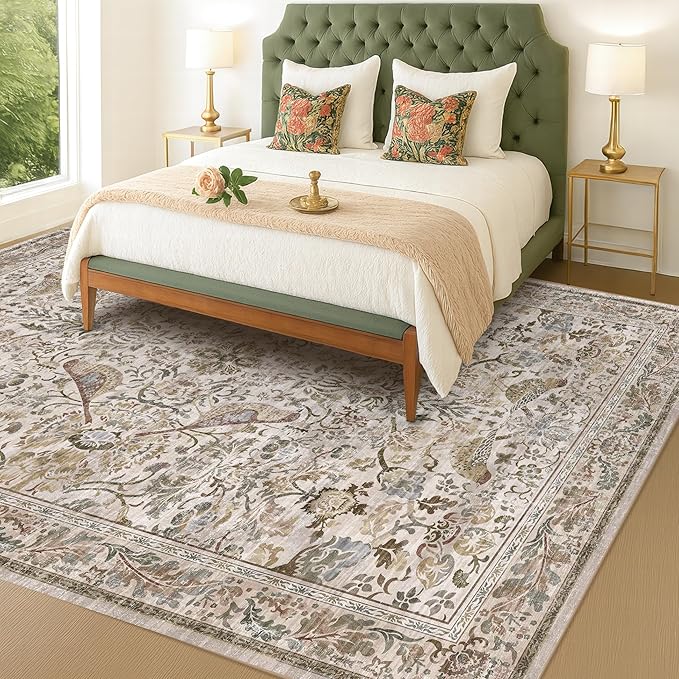 Boho 8x10 Area Rugs for Living Room - Washable Low Pile Soft Moss Floral Rug for Bedroom, Dining Room, Light Brown Taupe Low Pile Soft Carpet, Vintage Indoor Décor