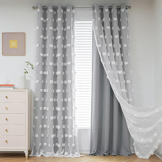 MYSKY HOME Living Room Curtains, 84 Inch Long Grey Blackout Curtains with Pom Pom Trim, Double Layer Sheer Drapes for Kids Room, W52 x L84