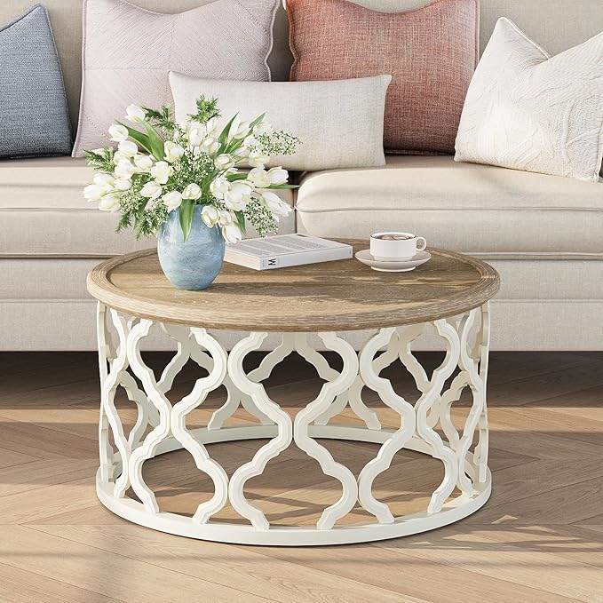 karlott Farmhouse Coffee Table, French Country Round Coffee Table with Distressed Tray Top, Coastal Coffee Table with Curved Motif Frame Base, Boho Coffee Table for Living Room, Dining Room, Bedroom