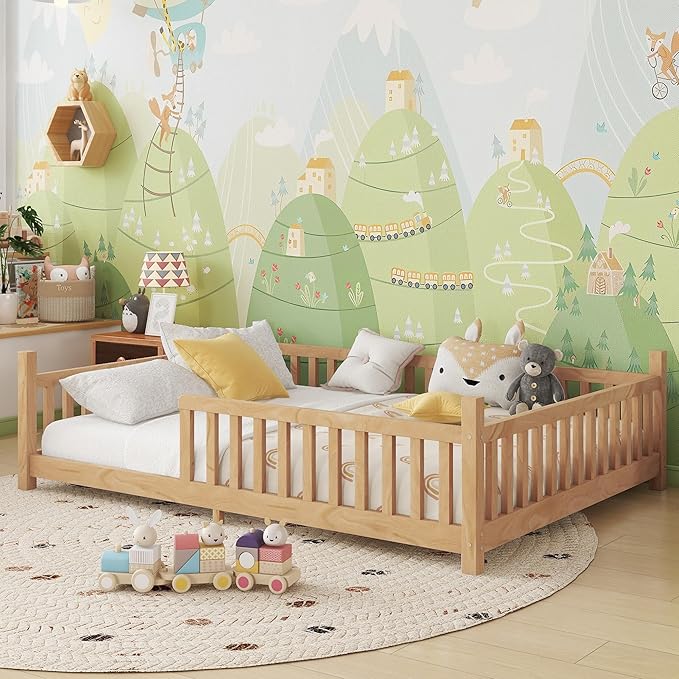 Full House Bed with Roof & LED Light, Low Profile House Bed with Fence, Safe Guardrails, DIY-Friendly for Boys & Girls, Solid Wood & MDF Construction, No Box Spring Required, Natural