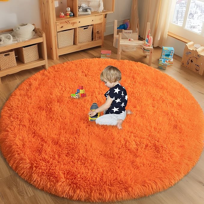 Round Orange Rug for Bedroom, 4 ft Circle Area Rugs for Living Room, Soft Fluffy Shag Carpet for Teen Girls Boys Nursery Room Dorm Home Decor Aesthetic