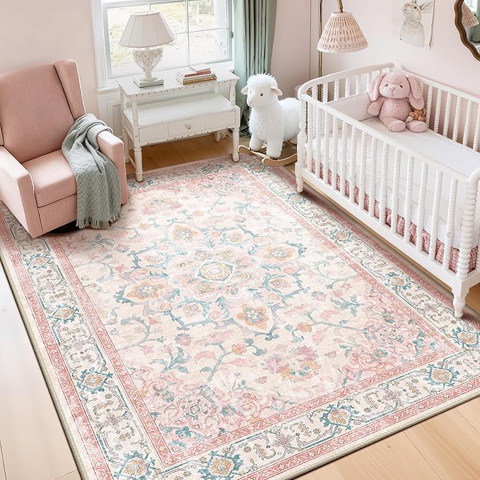 Machine Washable Rugs Nursery Rug 6x9 Cute Girl Non Slip Low Pile Water Repellent Soft Print Pattern for Bedroom Indoor Decor Kids Playroom Pinkteal