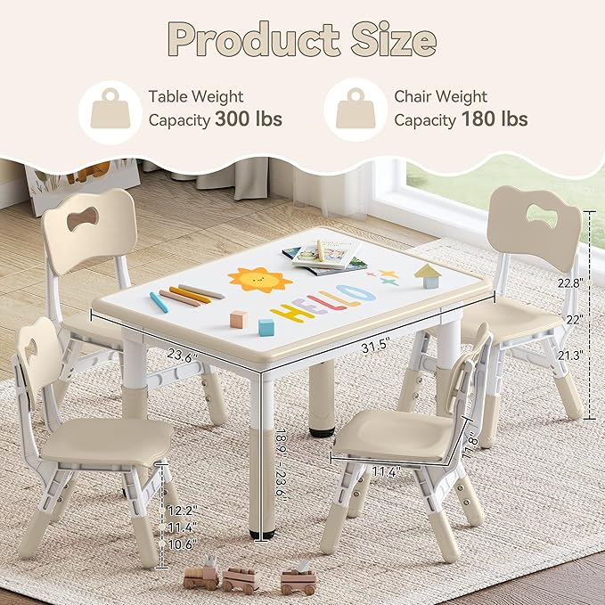 Kids Study Table and Chairs Set, Height Adjustable Toddler Table and Chair Set for Kids Ages 3-8, 31.5" L x 23.6" W Graffiti Desktop Plastic Children Art Table with 4 Seats