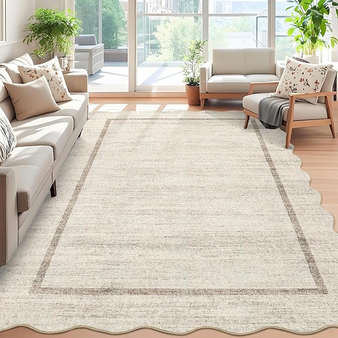 GarveeHome Scalloped 3x5 Washable Rug for Entryway, Super Soft Entryway Rug Non-Slip, Printed Faux Wool Floral 3x5 Area Rug Thin Floor Carpet for Kitchen, Bedroom, Office, Living Room, Beige