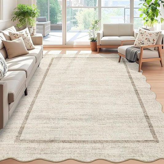 GarveeHome Scalloped Large Living Room Area Rug 6x9 - Machine Washable Modern Rugs Bordered Neutral Rug Non-Shedding Low Pile Farmhouse Carpet for Bedroom Nursery Classroom Dorm 6 ft x9 ft Beige