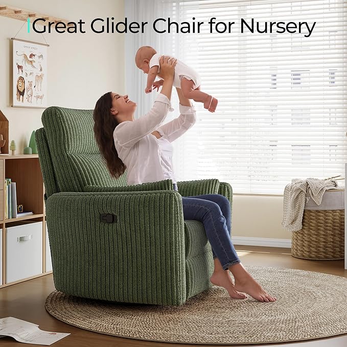LINSY HOME 360 Swivel Nursery Rocking Chair with 2 Pillows, Corduroy High Back Adult Recliner for Small Spaces, Nursery Glider Rocker Chair, Bedroom Living Room Reclining Chairs (Green)