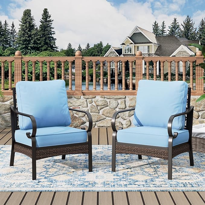 Outdoor Patio Leg Sofa Chairs Set of 2 Steel Frame Porch Furniture with Deep Seating and 5.75" Cushions for Lawn Backyard Deck, Blue