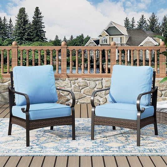 Outdoor Patio Leg Sofa Chairs Set of 2 Steel Frame Porch Furniture with Deep Seating and 5.75" Cushions for Lawn Backyard Deck, Blue