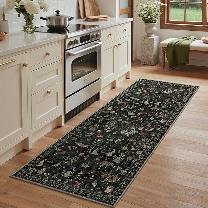 Runner Rug Non Slip 2'6''x 6', Floral Animal Print Rug Machine Washable Rug, Non Slip Low Pile Hallway Runner Carpet for Kitchen, Laundry, Bedroom, Bathroom, Dark Green