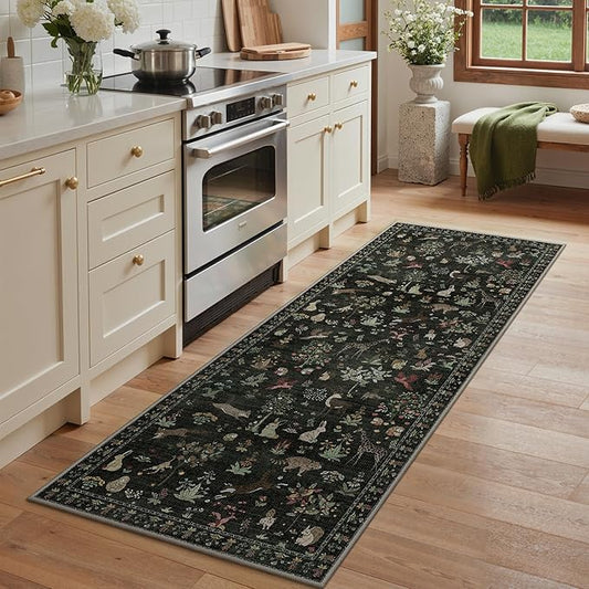 Runner Rug Non Slip 2'6''x 6', Floral Animal Print Rug Machine Washable Rug, Non Slip Low Pile Hallway Runner Carpet for Kitchen, Laundry, Bedroom, Bathroom, Dark Green