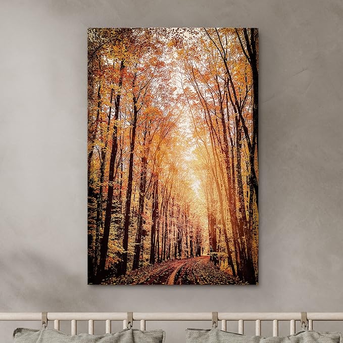 SIGNWIN Canvas Print Wall Art Rustic Trail Red Autumn Forest Nature Wilderness Photography Modern Art Farmhouse/Country Landscape Colorful Multicolor Ultra for Living Room, Bedroom, Office - 16x24