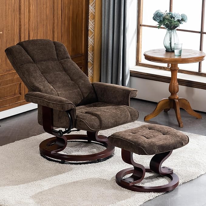 MCombo Manual Swivel Recliner with Ottoman, Chair Ottoman Set for RV Small Spaces, Living Room, Bedroom, Office 9019 4919 (Textile, Dark Brown)