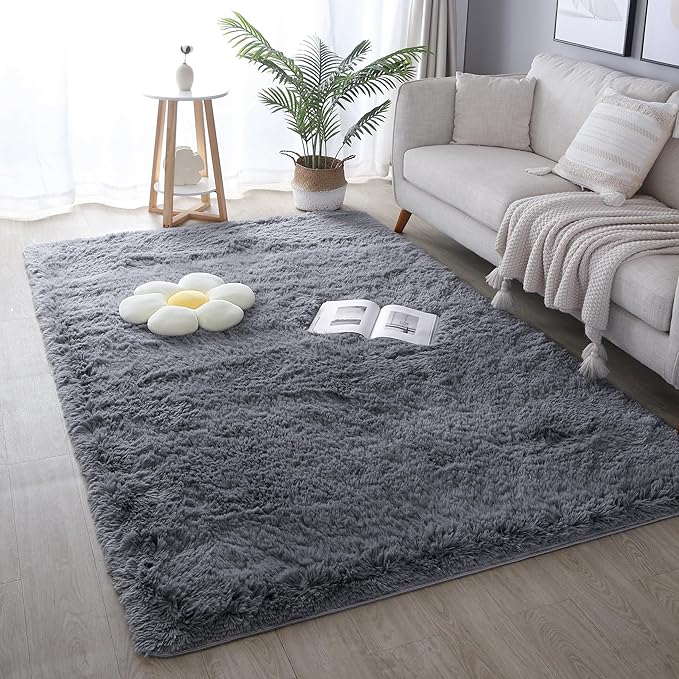 6x9 Grey Fluffy Shag Rug for Bedroom Soft Plush Fuzzy Washable Carpet for Living Room, Modern Comfy Shaggy Non Slip Floor Large Area Rugs for Kids Baby Nursery College Dorm Room, Gray