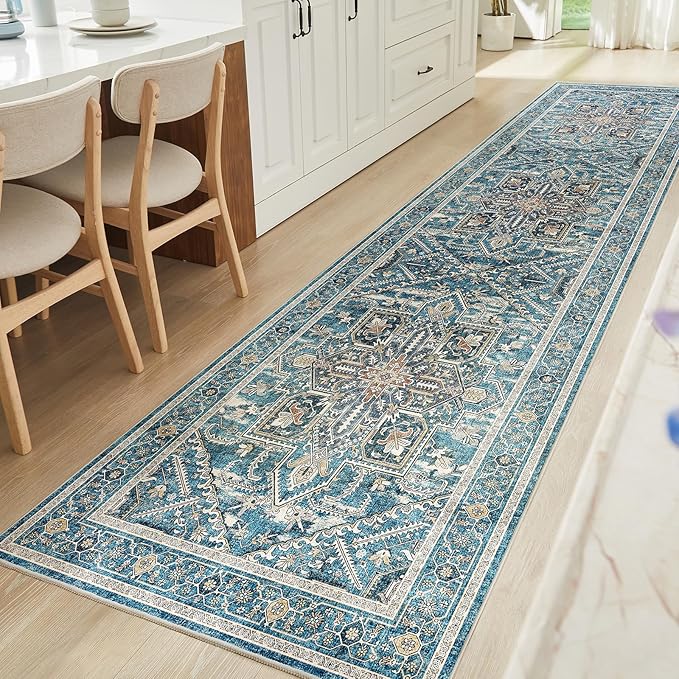 WITSHOCK Teal Wshable Runner 3x12: Long Runner Rug Boho Soft Low Pile Stain Resistant Foldable Carpet for Bedroom Hallway Entryway Kitchen Indoor Entrance, Vintage Distressed Farmhouse Home Decor