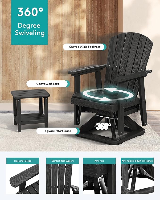 SERWALL Adirondack Swivel Glider Chair, HDPE Patio Swivel Glider for Outdoor, All-Weather Glider Chair for Porch, Balcony, Obsidian Black