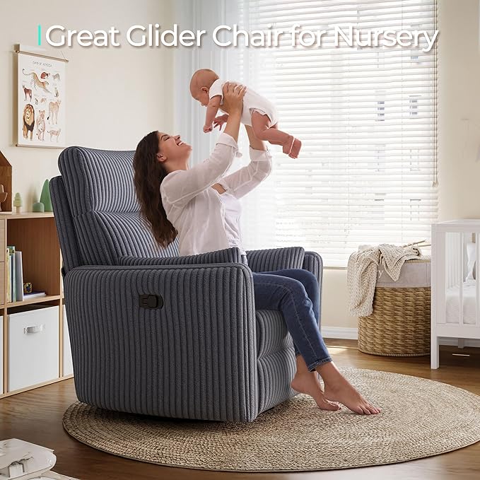 LINSY HOME 360 Swivel Nursery Rocking Chair with 2 Pillows, Corduroy High Back Adult Recliner for Small Spaces, Nursery Glider Rocker Chair, Bedroom Living Room Reclining Chairs (Grey)