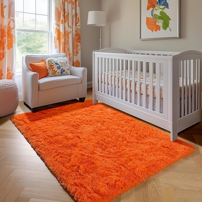 ONASAR Orange Area Rugs for Bedroom Living Room, Washable Fluffy 4x6 Indoor Bedside Floor Throw Rug, Soft Plush Shaggy Carpet for Nursery Kids Girls Boys Teen Dorm Home Office Decor Aesthetic