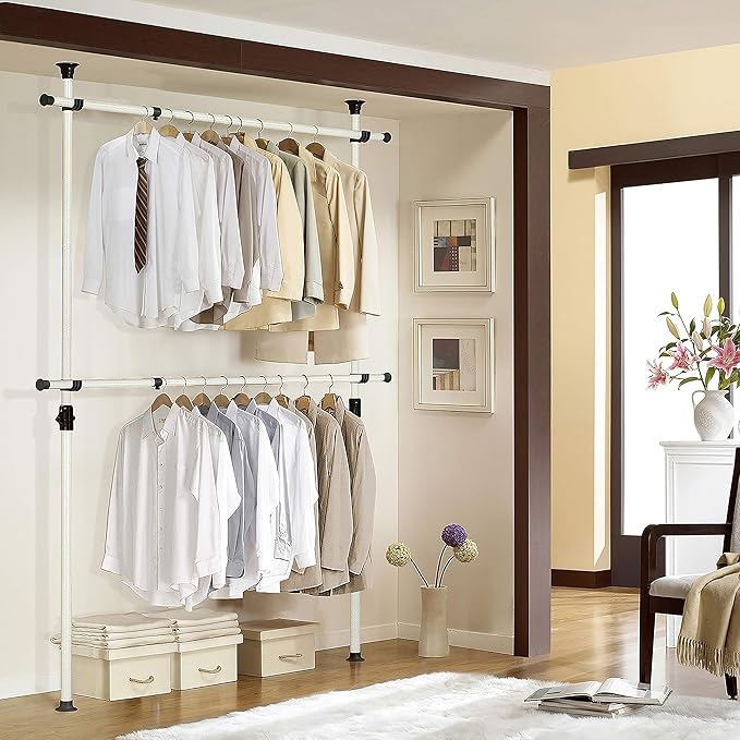 PRINCE HANGER Heavy Duty Adjustable Garment Rack – One Touch System for Easy Assembly, 352 LBS Load Capacity, Freestanding Metal Wardrobe Closet Rack Ivory (Width Adjustable, PHUS-0023)