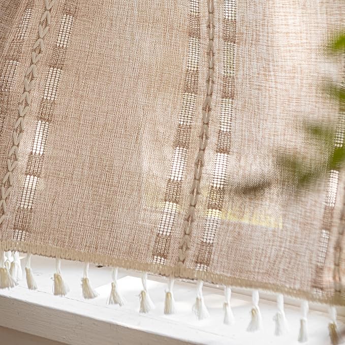 Deeprove Boho Valance Kitchen Short Curtain with Tassel, Textured Striped Drape Tier Embroidered Shabby Chic Linen Coffee Window Treatment for Cafe Closet, W52 x L18 inch Rod Pocket 1 Panel Natural